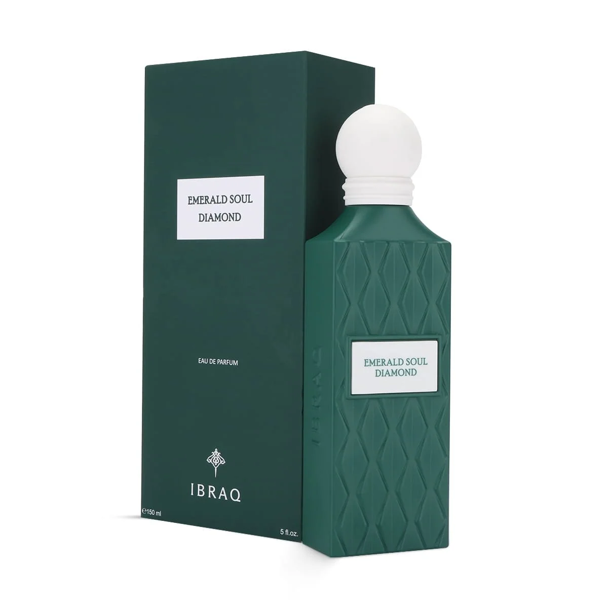 IBRAQ Emerald Soul Diamond perfume 150ml next to box, premium fragrance UK