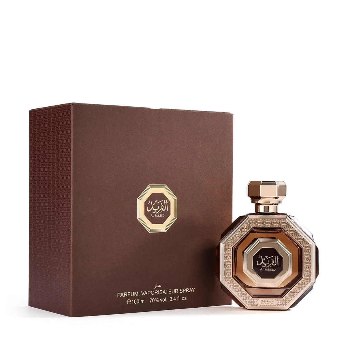 Arabian Oud Al Fareed perfume displayed in front of box cover with logo, luxury oud fragrance UK
