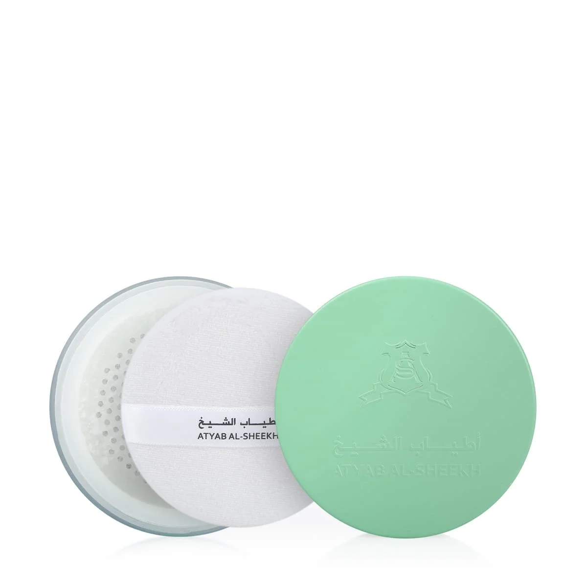 Atyab Al Sheekh Touches Scented Body Powder puff sponge beside luxury powder case UK