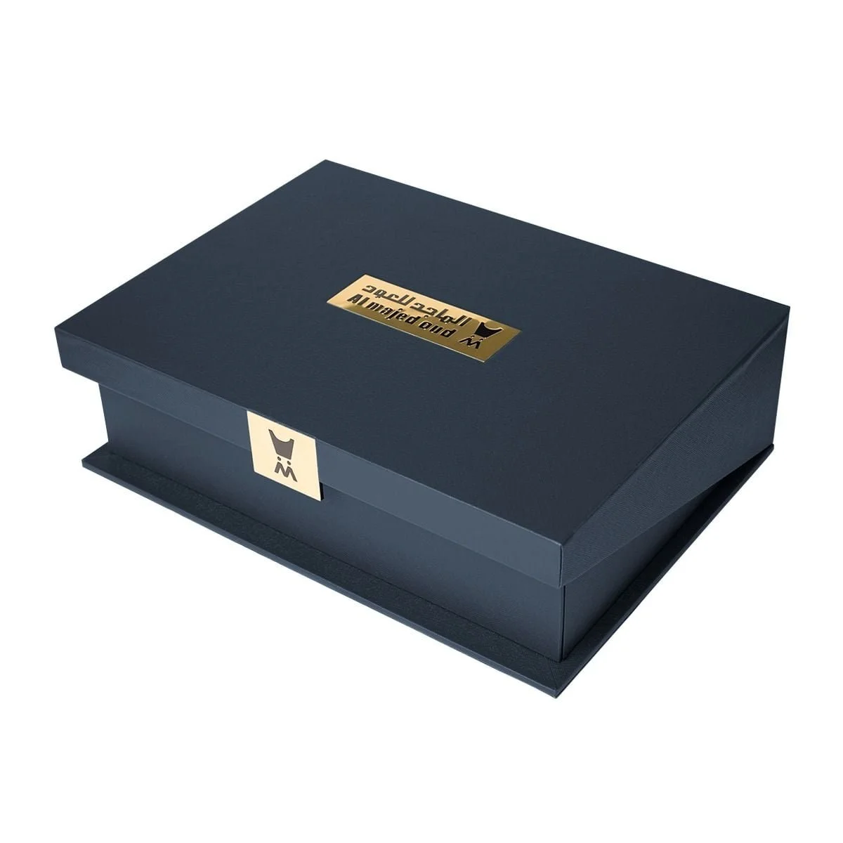 Front view of Al Majed Oud black leather gift box, premium luxury packaging UK