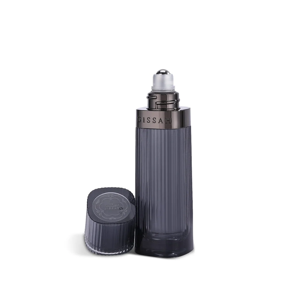 Close-up of Gissah No.1 Pure roll-on perfume with lid open, highlighting precision applicator and elegant design