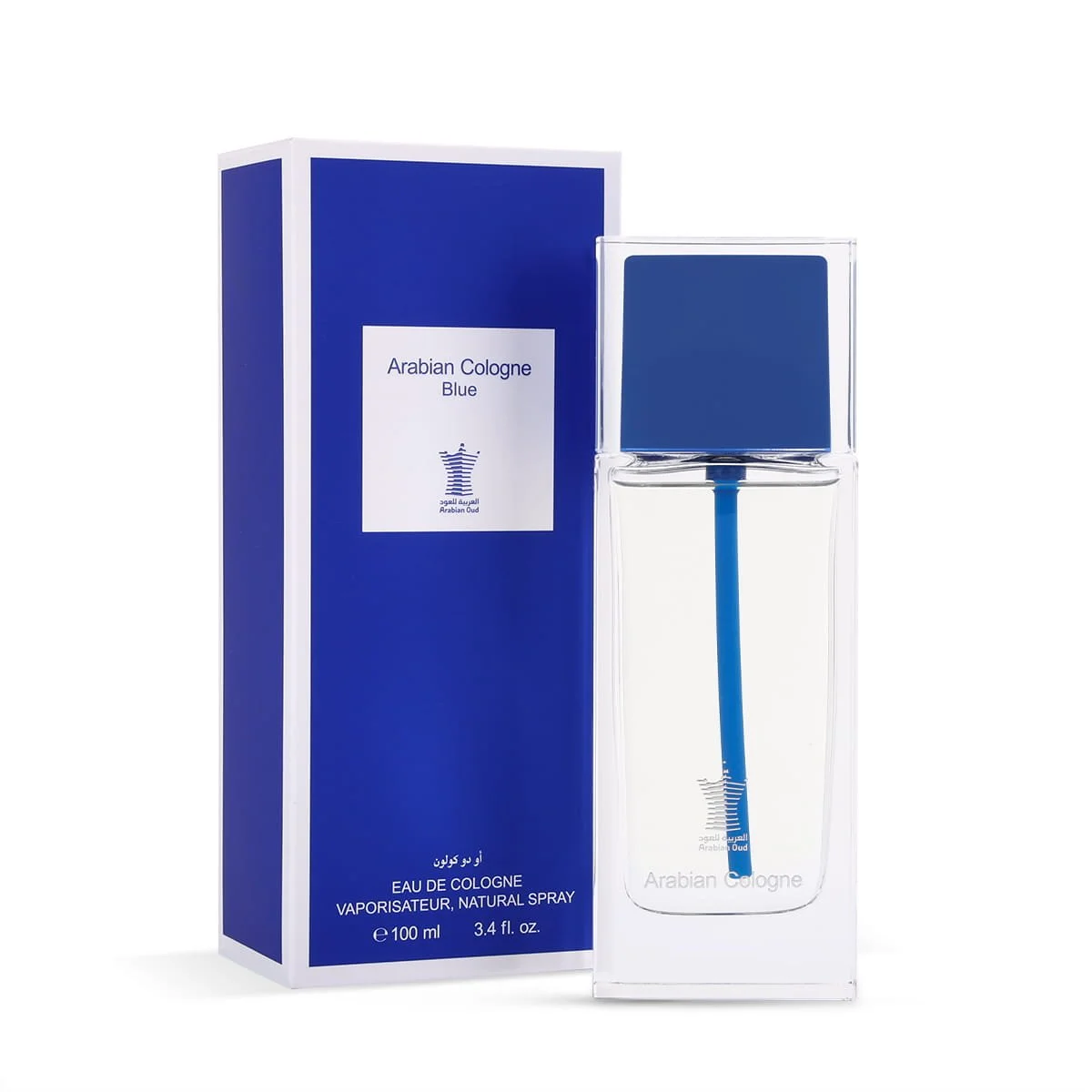 Arabian Oud Arabian Cologne Blue Eau De Cologne 100ml next to luxury branded box UK