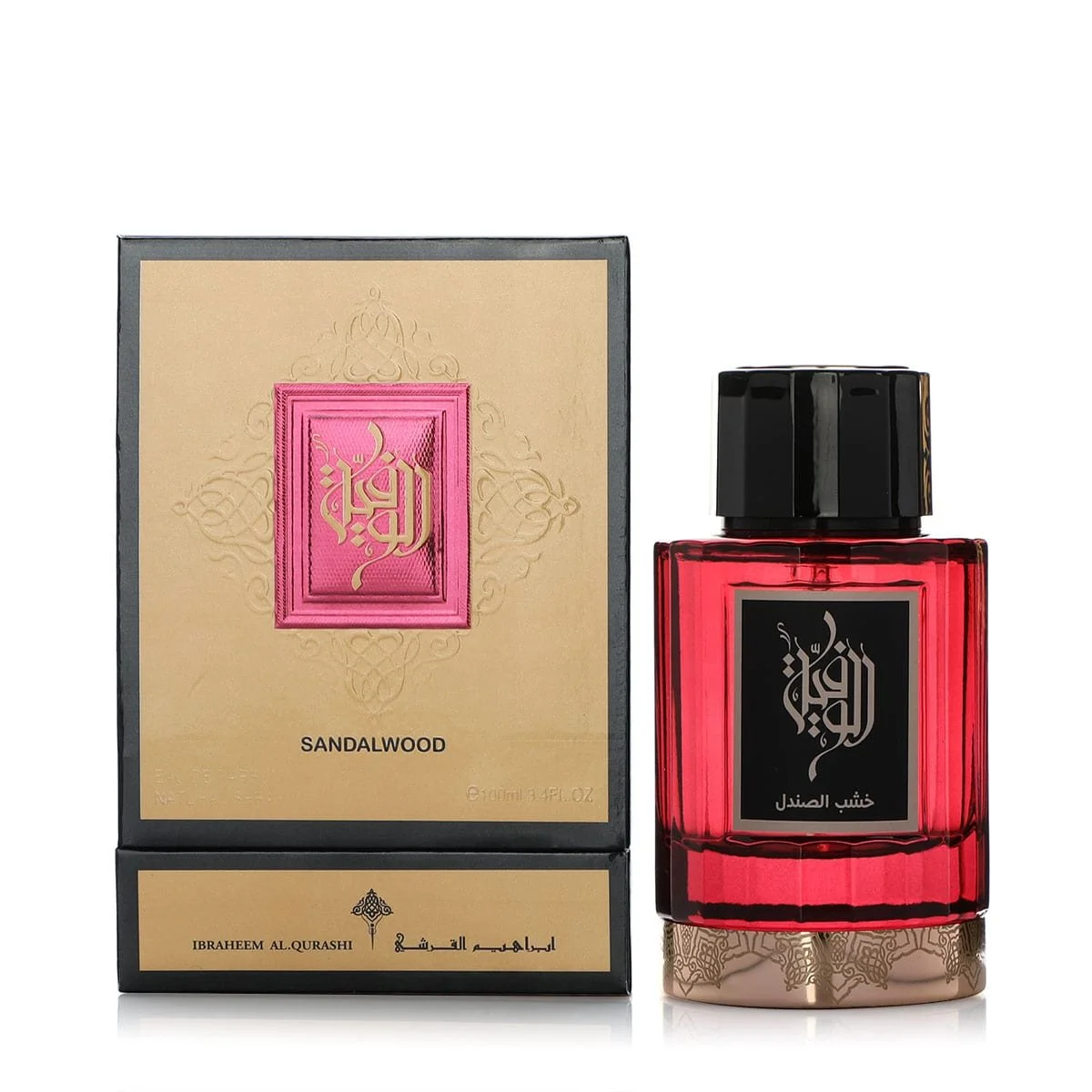 Al Wafia Sandalwood perfume displayed beside its elegant box – warm rose and amber fragrance by Ibraheem Al Qurashi, available at Al Rashid Galleria UK.