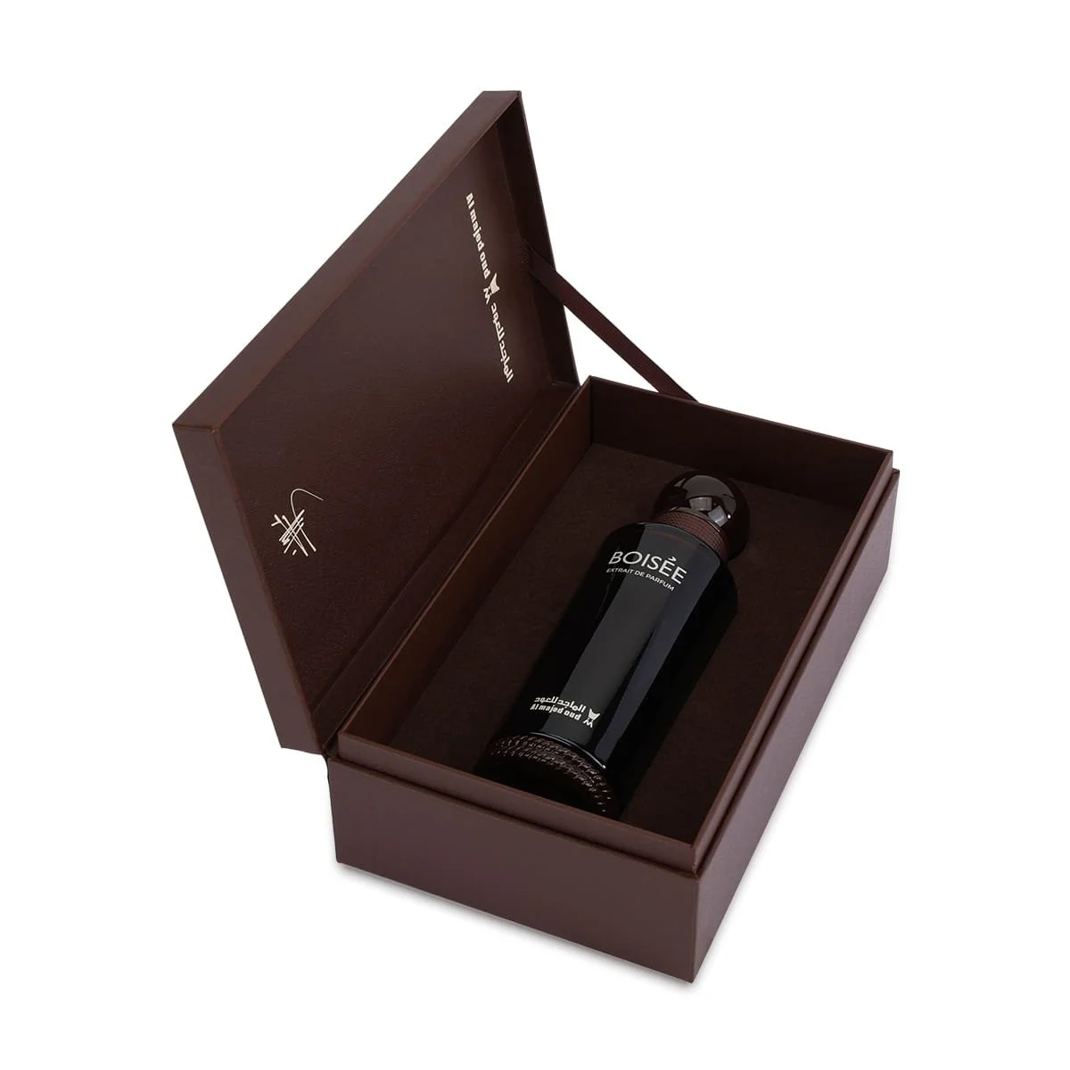 Al Majed Oud Boisee extrait de parfum inside luxury case, high-end perfume packaging UK
