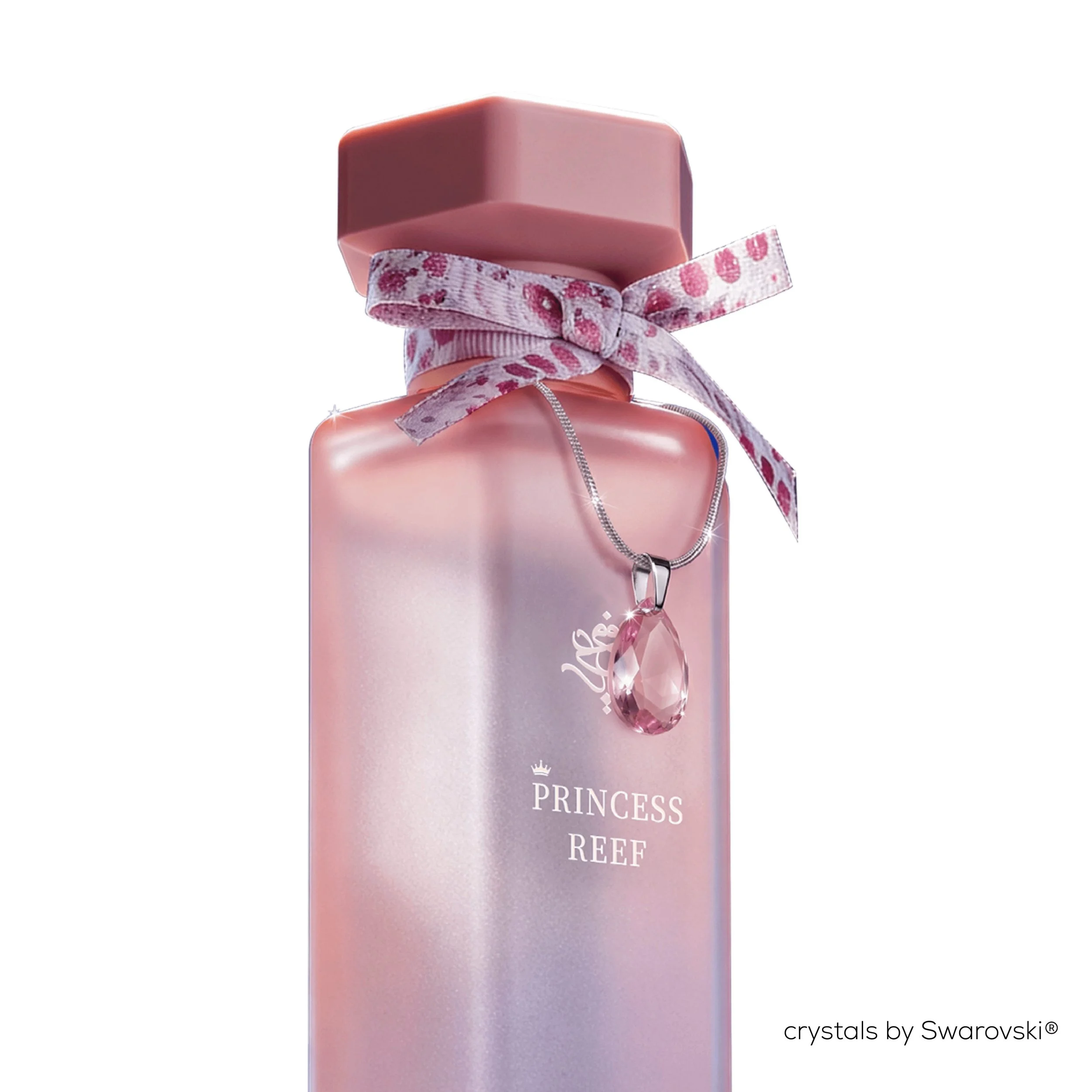 Close-up of Princess Reef perfume bottle adorned with authentic Swarovski crystal