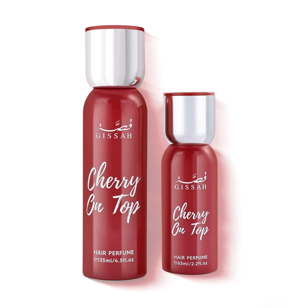 Gissah Cherry On Top hair mist set 135ml and 65ml on white background, luxury hair perfume UK