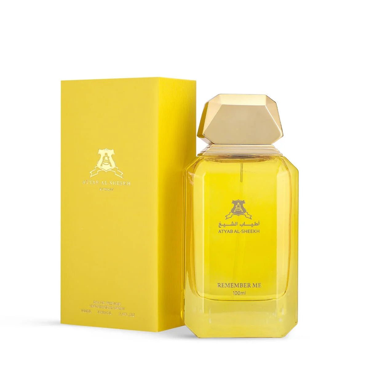 Atyab Al Sheekh Remember Me Yellow perfume in front of box, luxury fragrance UK