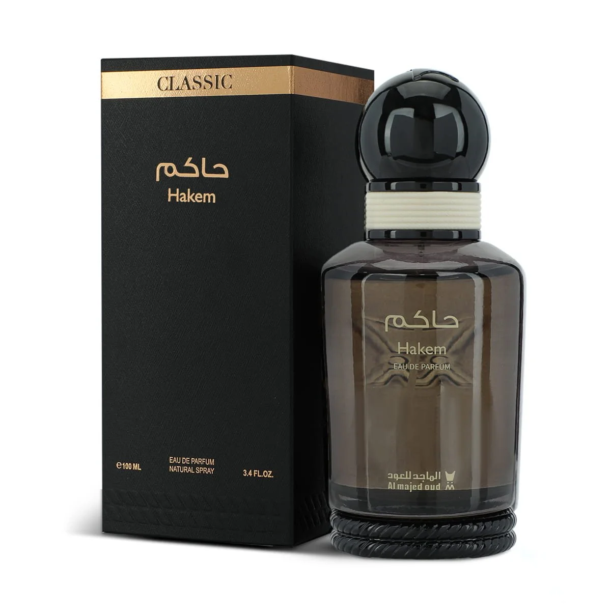 Al Majed Oud Hakem Classic perfume 100ml next to luxury case, premium men’s fragrance UK