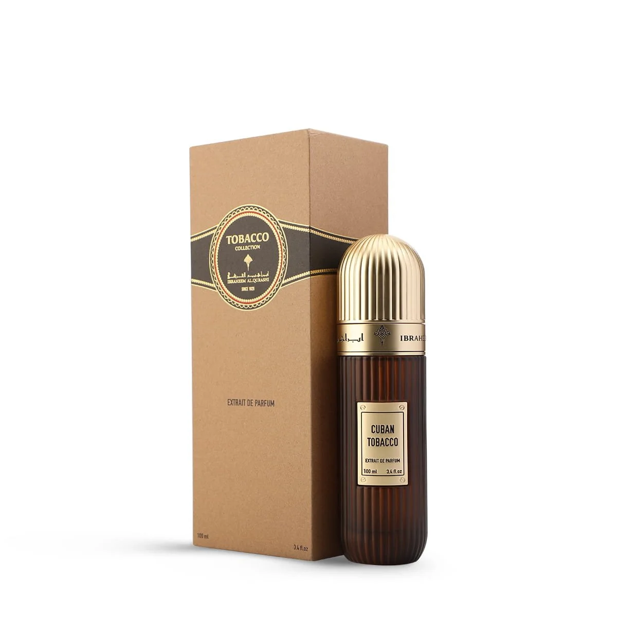 IBRAQ Cuban Tobacco perfume in front of box, luxury fragrance UK
