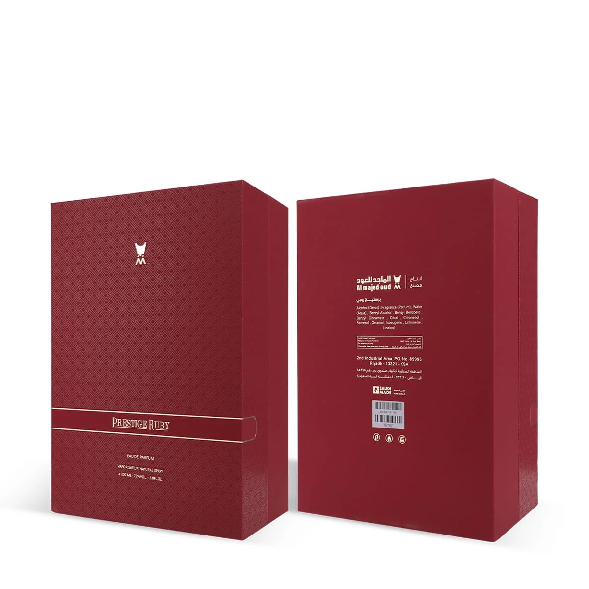Front and back of Al Majed Oud Prestige Ruby perfume box 200ml, luxury packaging UK