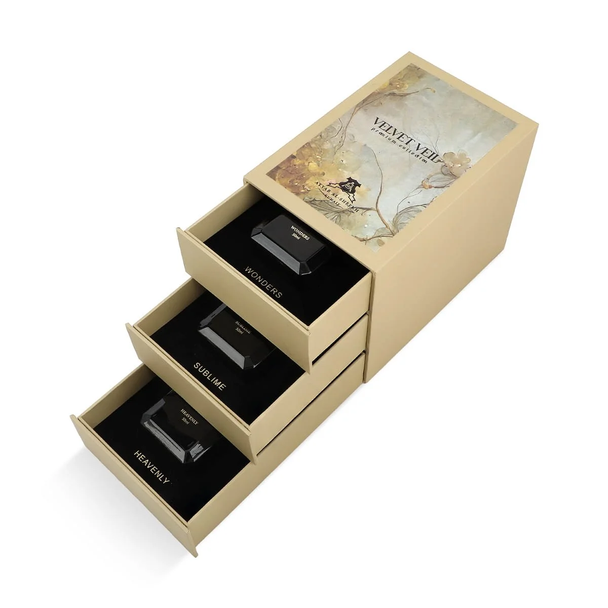 Atyab Al Sheekh Velvet Veil Collection perfumes beside luxury presentation box UK