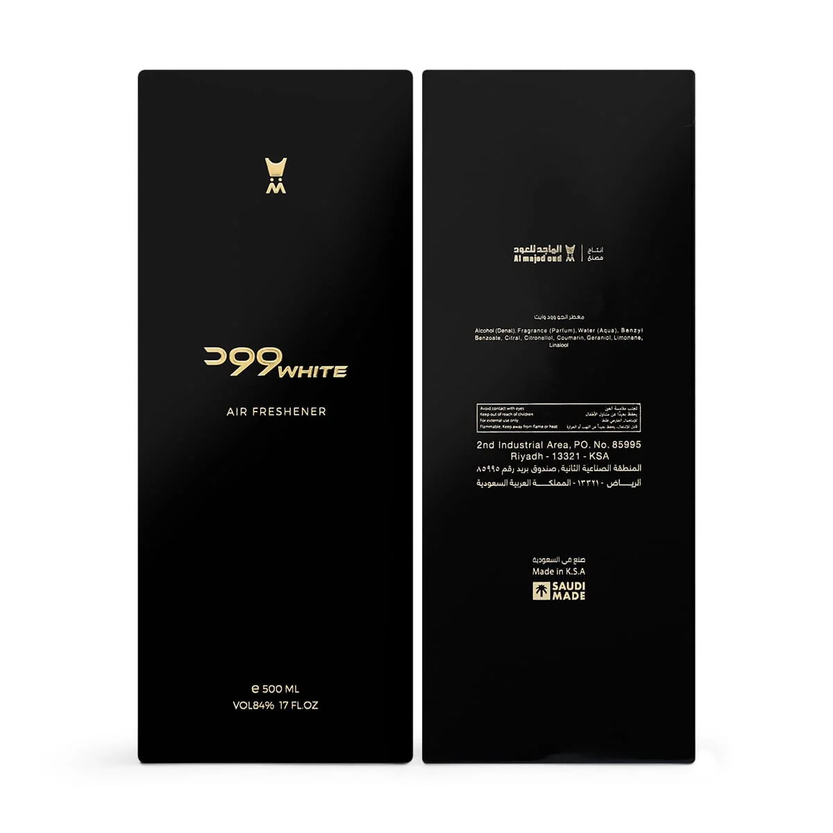 Front and back of Al Majed Oud Wood White air freshener box in one photo, premium packaging UK