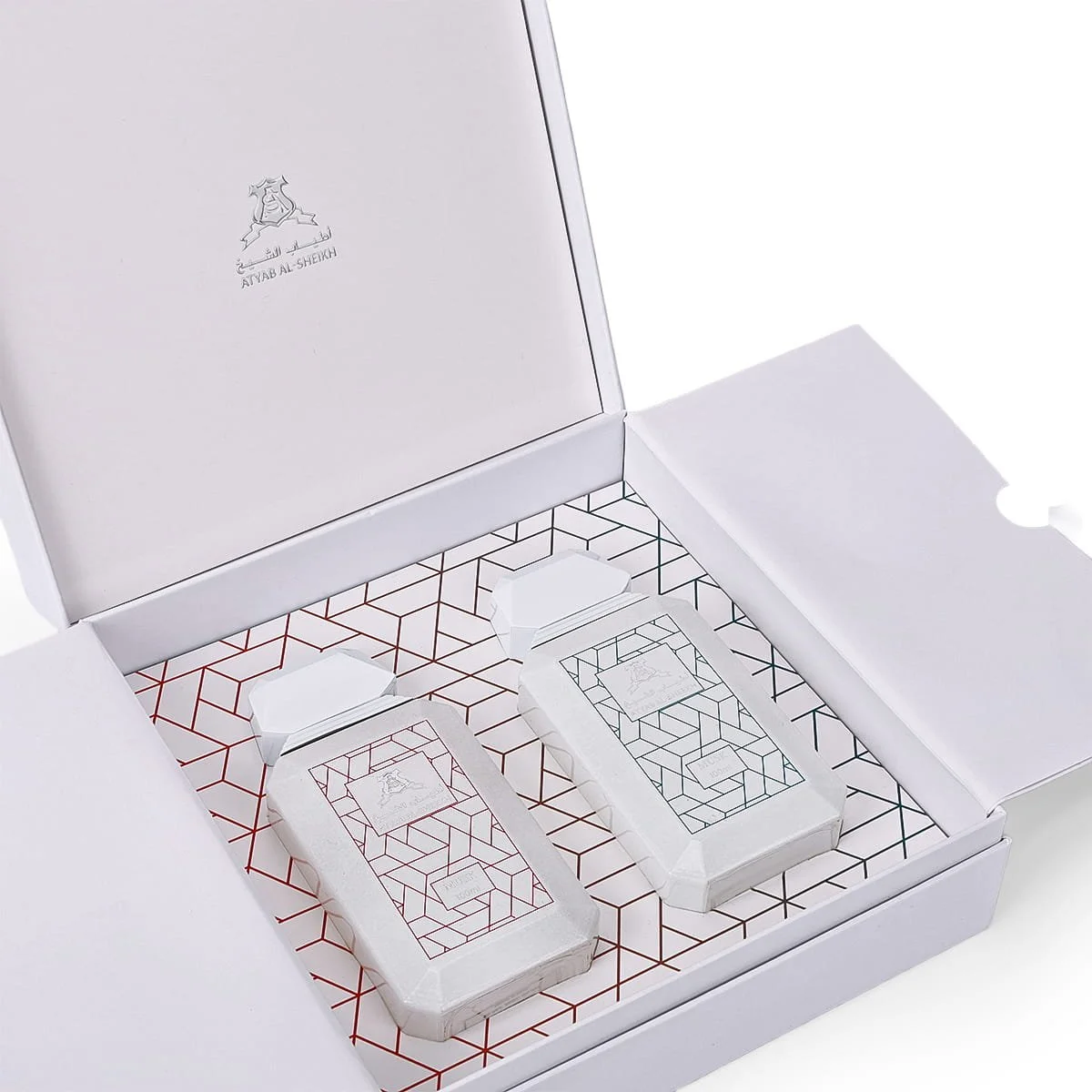 Inside view of Atyab Al Sheekh Musk Collection luxury box with Red Musk and Blue Musk perfumes UK