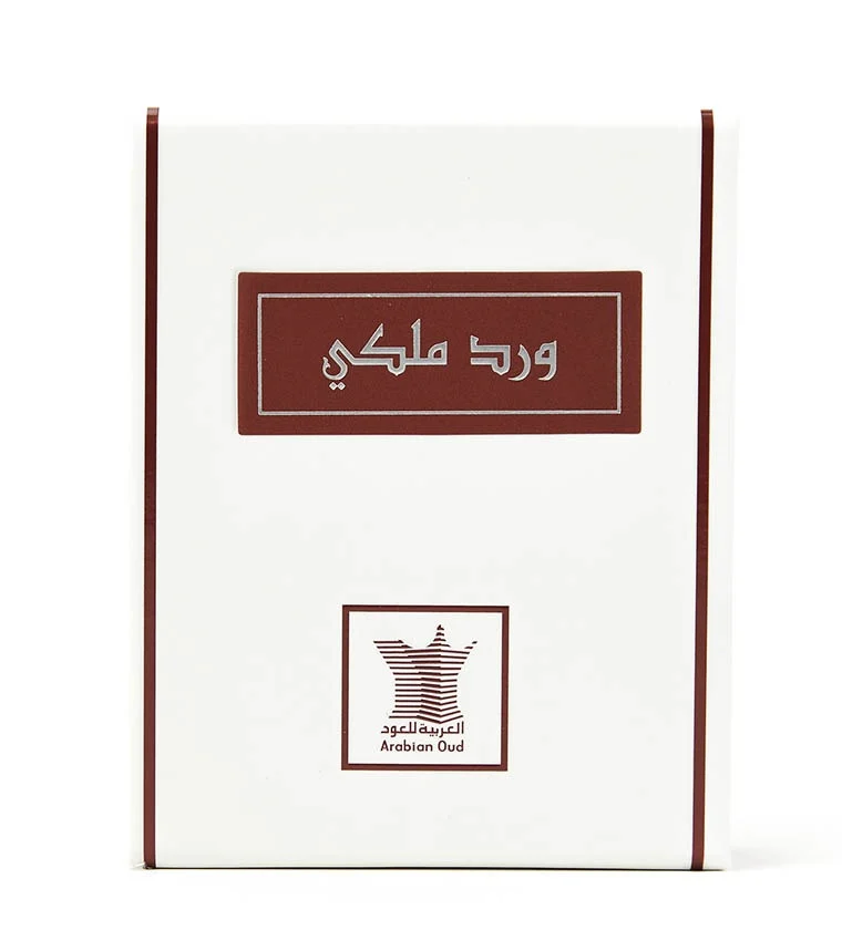 Front view of Arabian Oud Royal Rose perfume oil box, luxury attar UK