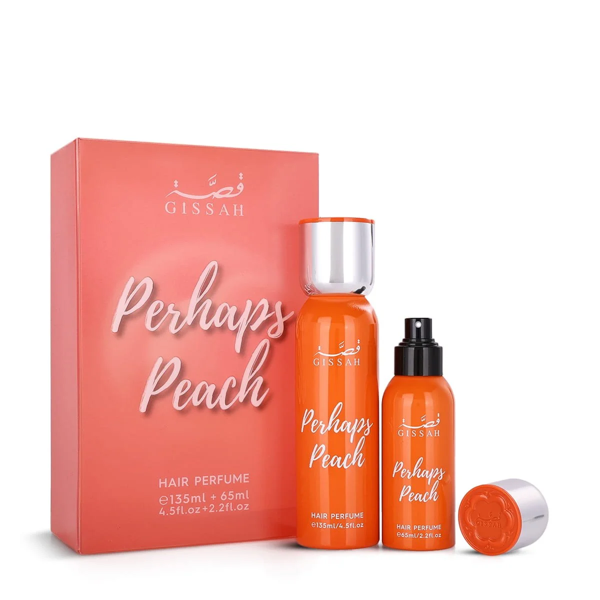 Gissah Perhaps Peach hair mist bottles displayed in front of luxury case, fruity hair fragrance UK