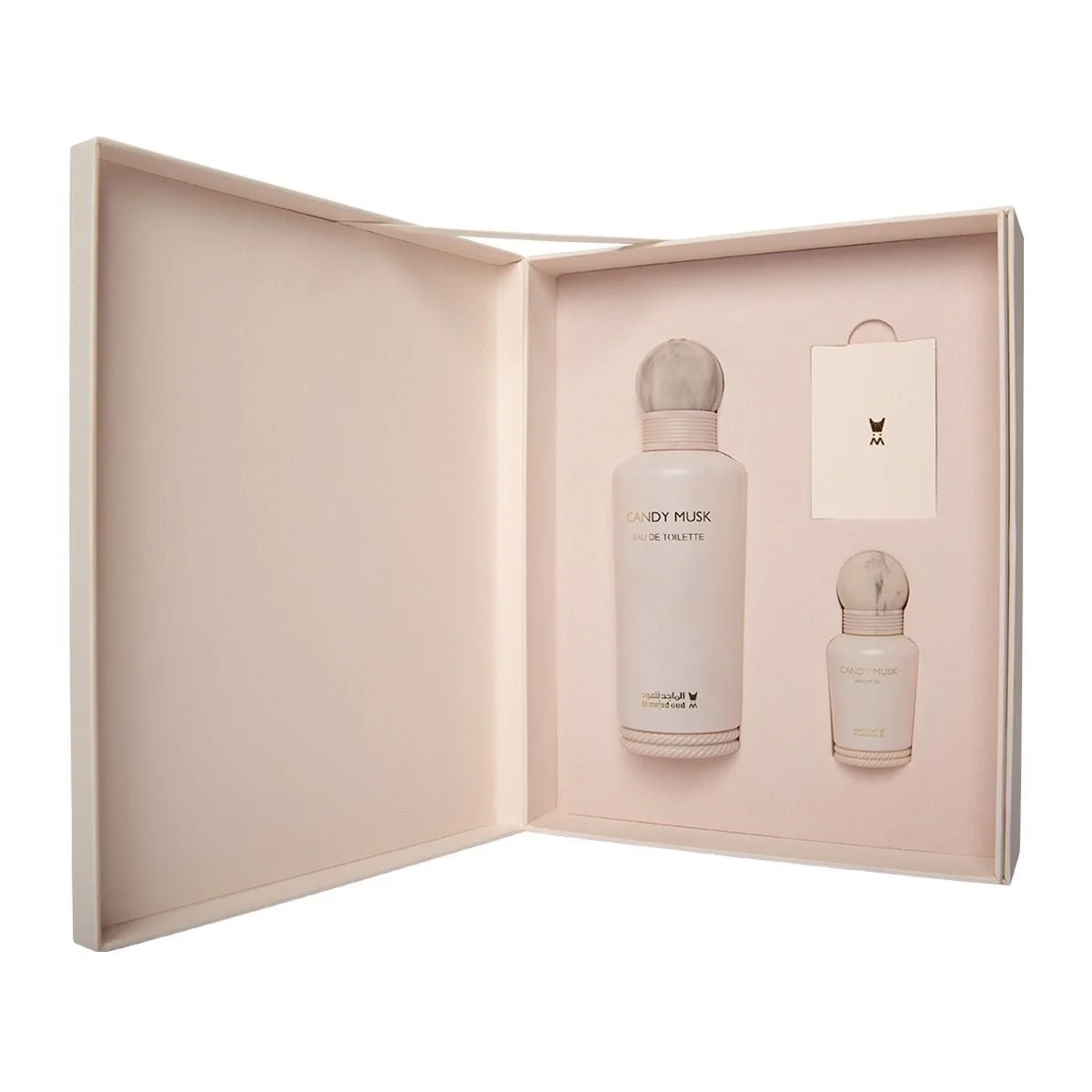 Al Majed Oud Candy Musk gift set with 150ml perfume and 15ml oil inside open box, luxury fragrance set UK