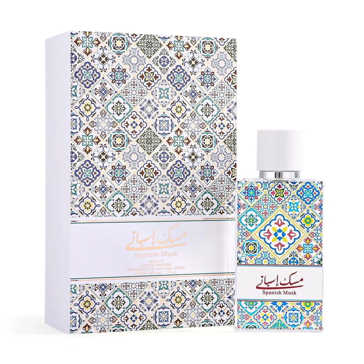 Arabian Oud Spanish Musk 50ml perfume displayed next to luxury box, clean floral fragrance UK