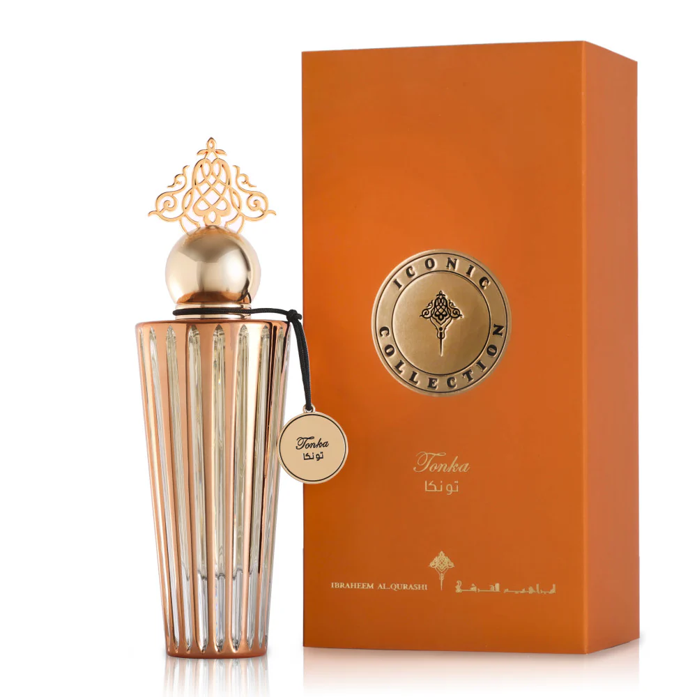 Iconic Tonka by Ibraheem Al Qurashi perfume bottle placed next to its elegant box showcasing luxury Arabic design at Al Rashid Galleria UK.