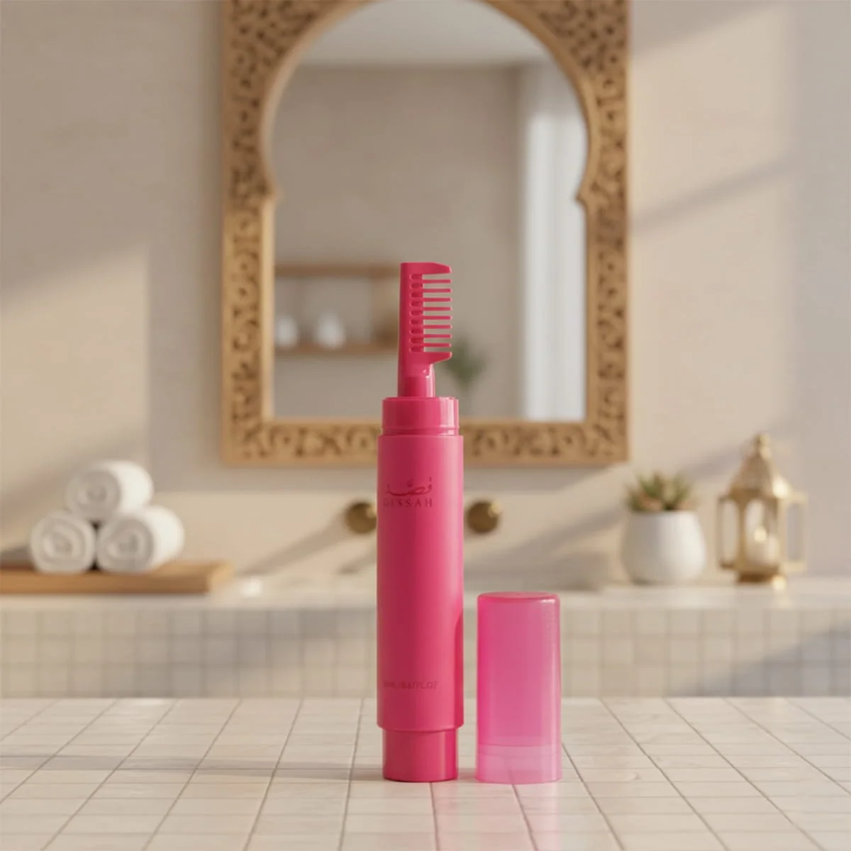 Gissah No.2 scented hair serum displayed on a luxury tiled bathroom counter, modern gourmand hair fragrance by Gissah