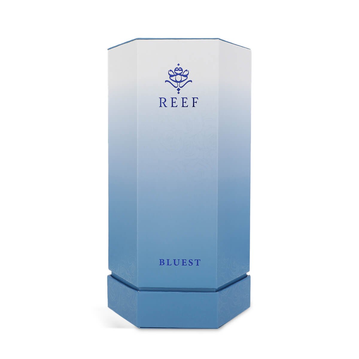 Front view of Bluest perfume box with minimalist design on white background
