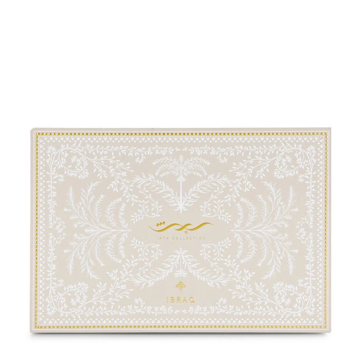 Front view of the Irth Collection perfume box by Al Rashid Galleria — elegant packaging that reflects luxury and heritage.