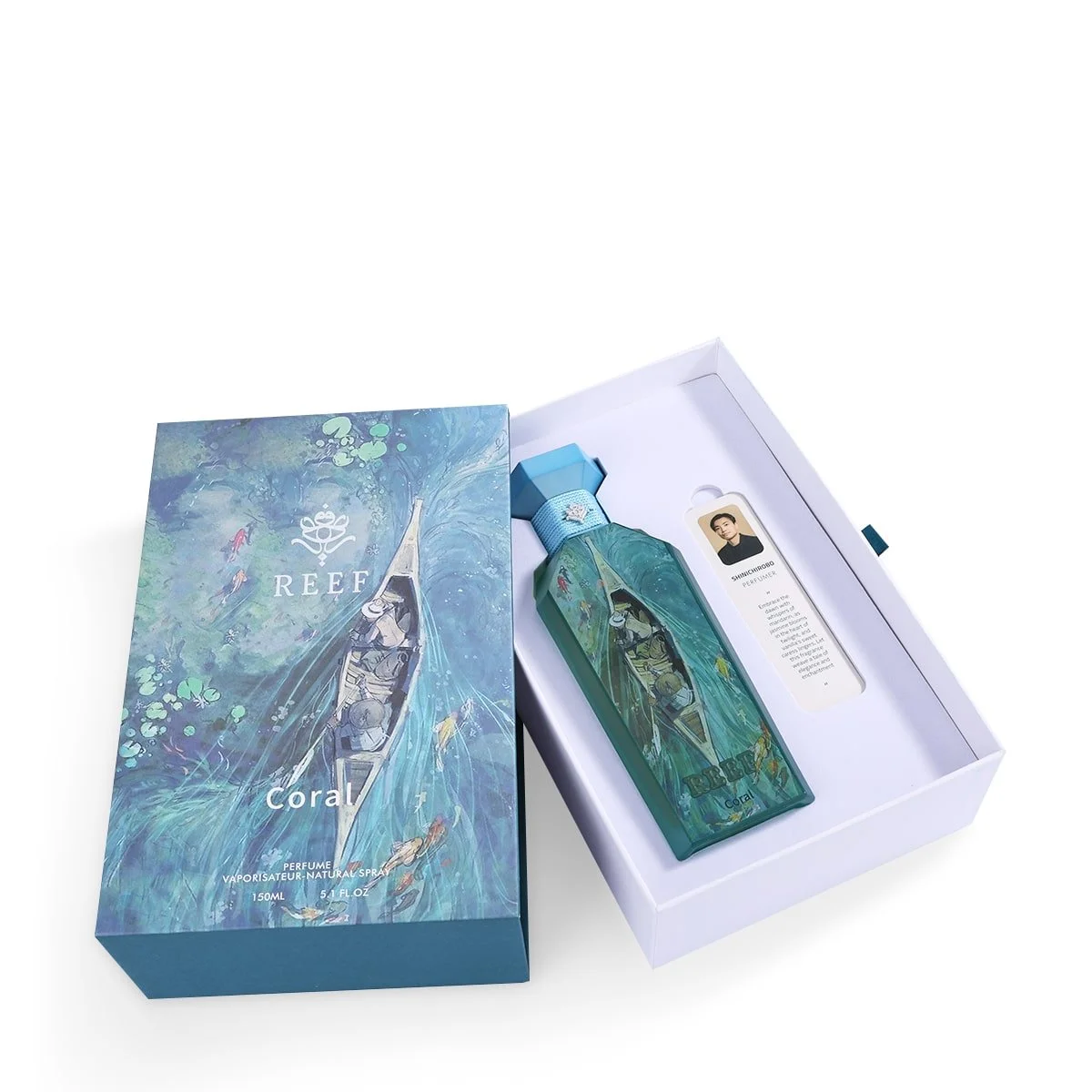 Coral by Reef Perfumes shown inside its box with front packaging visible, unisex floral fragrance from Al Rashid Galleria UK