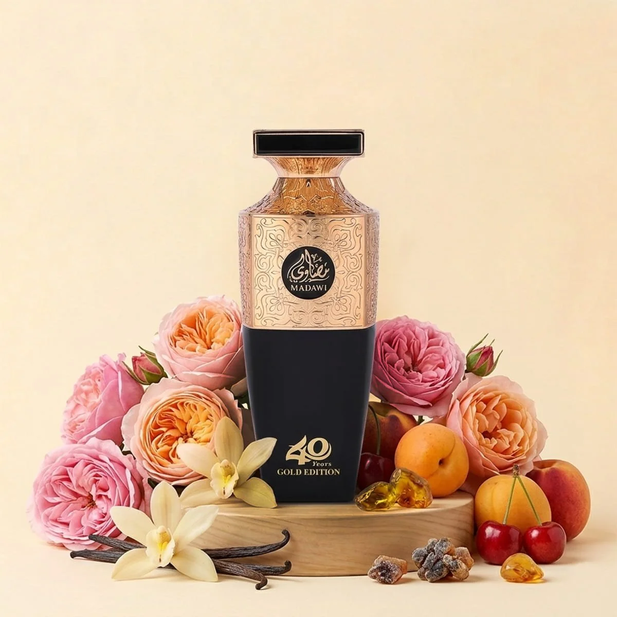 Arabian Oud Madawi Gold perfume with pineapple, tonka bean and vanilla ingredients, luxury gourmand fragrance UK