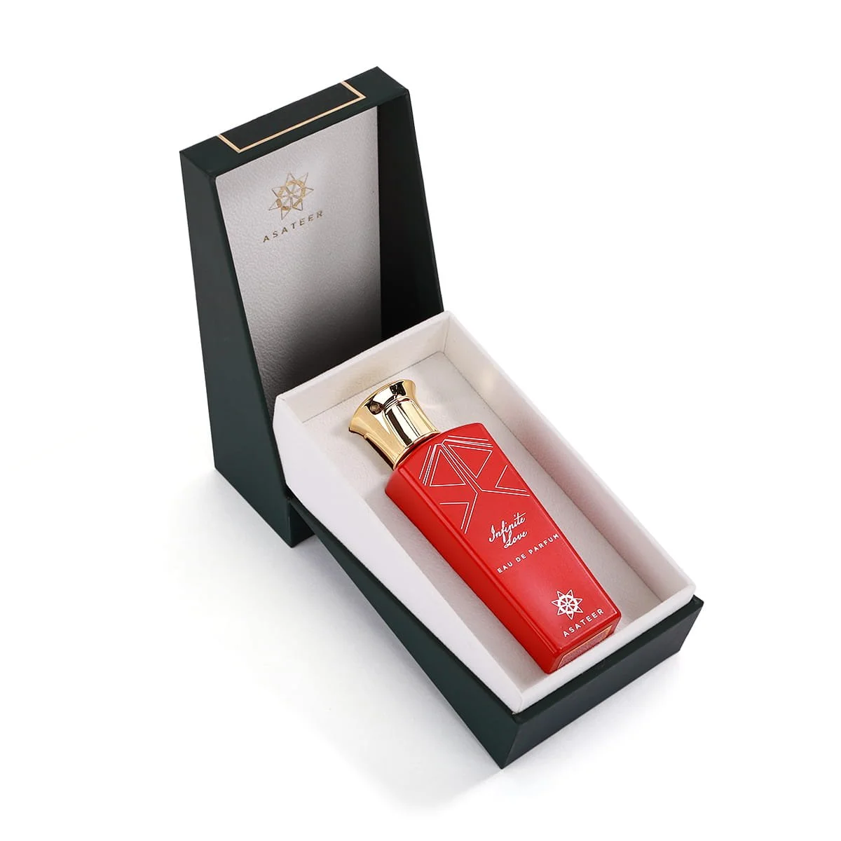 Asateer Infinite Love Eau De Parfum inside opened luxury presentation box UK