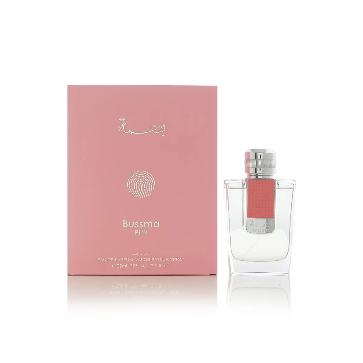 Arabian Oud Bussma Pink 95ml perfume displayed next to luxury box, fresh citrus fragrance UK
