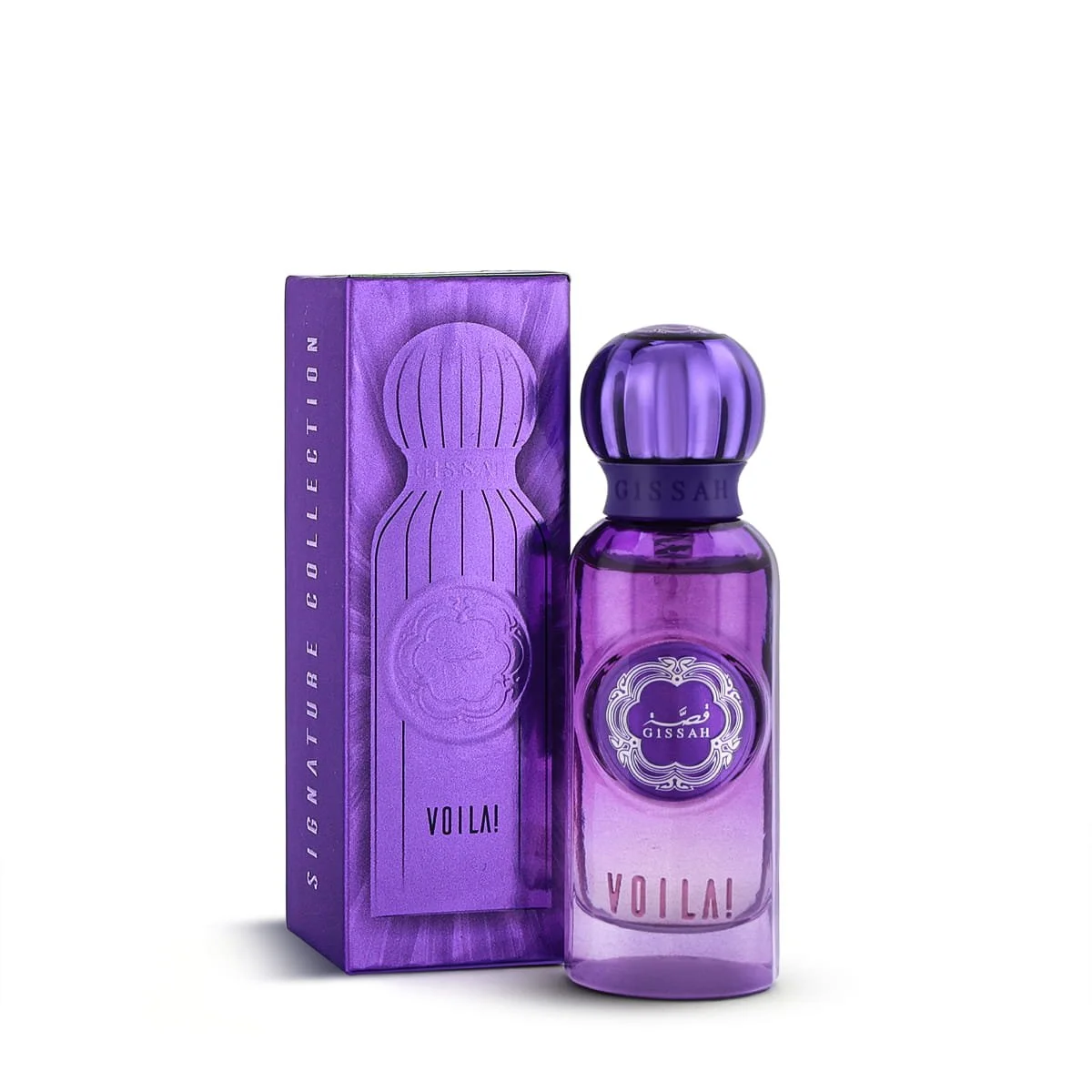 Gissah Voilà 15ml Eau de Parfum displayed beside its purple box – luxury feminine Eid perfume gift UK