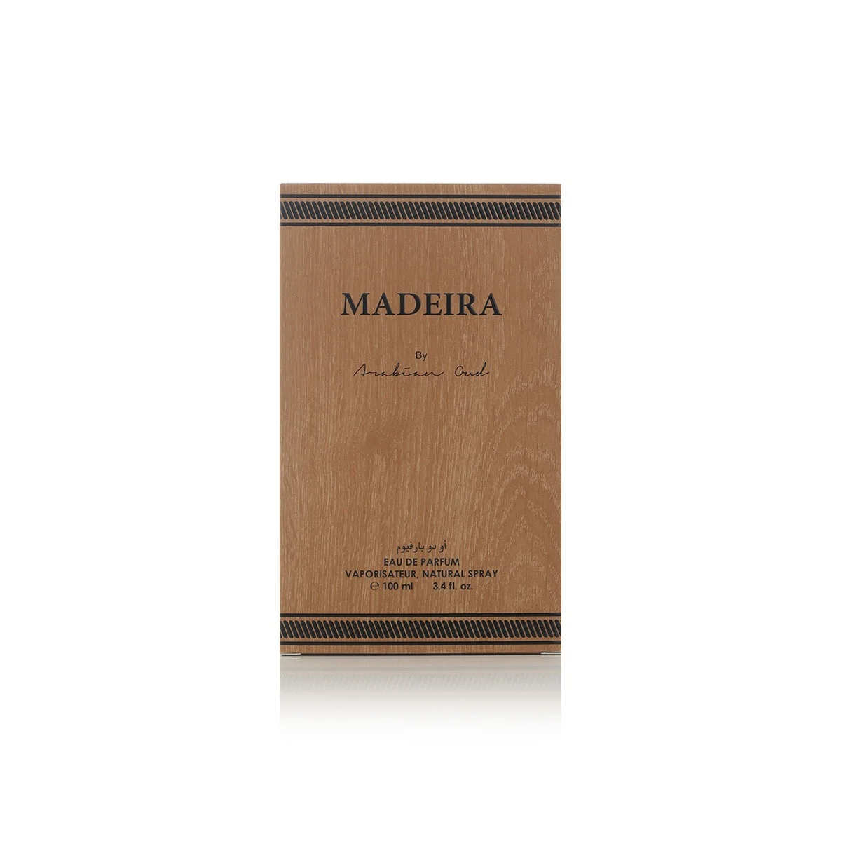 Front view of Arabian Oud MADEIRA perfume box, luxury Middle Eastern fragrance UK