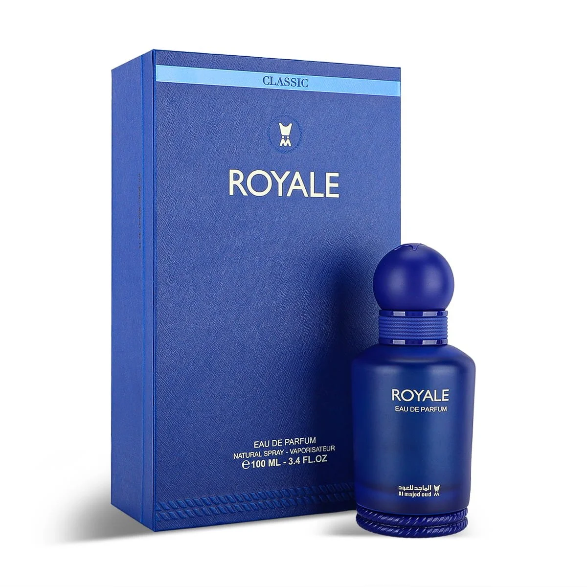 Al Majed Oud Royale perfume 100ml next to box, premium men’s fragrance UK