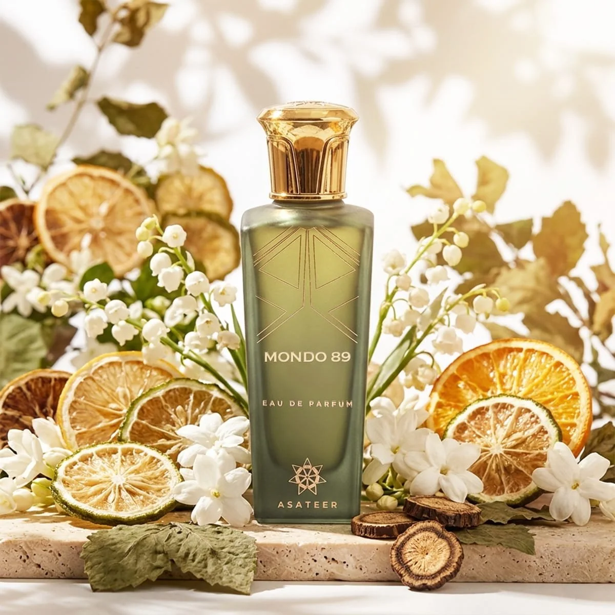 Asateer Mondo 89 Eau De Parfum with citrus fruits, rose petals and white florals in luxury fragrance poster UK