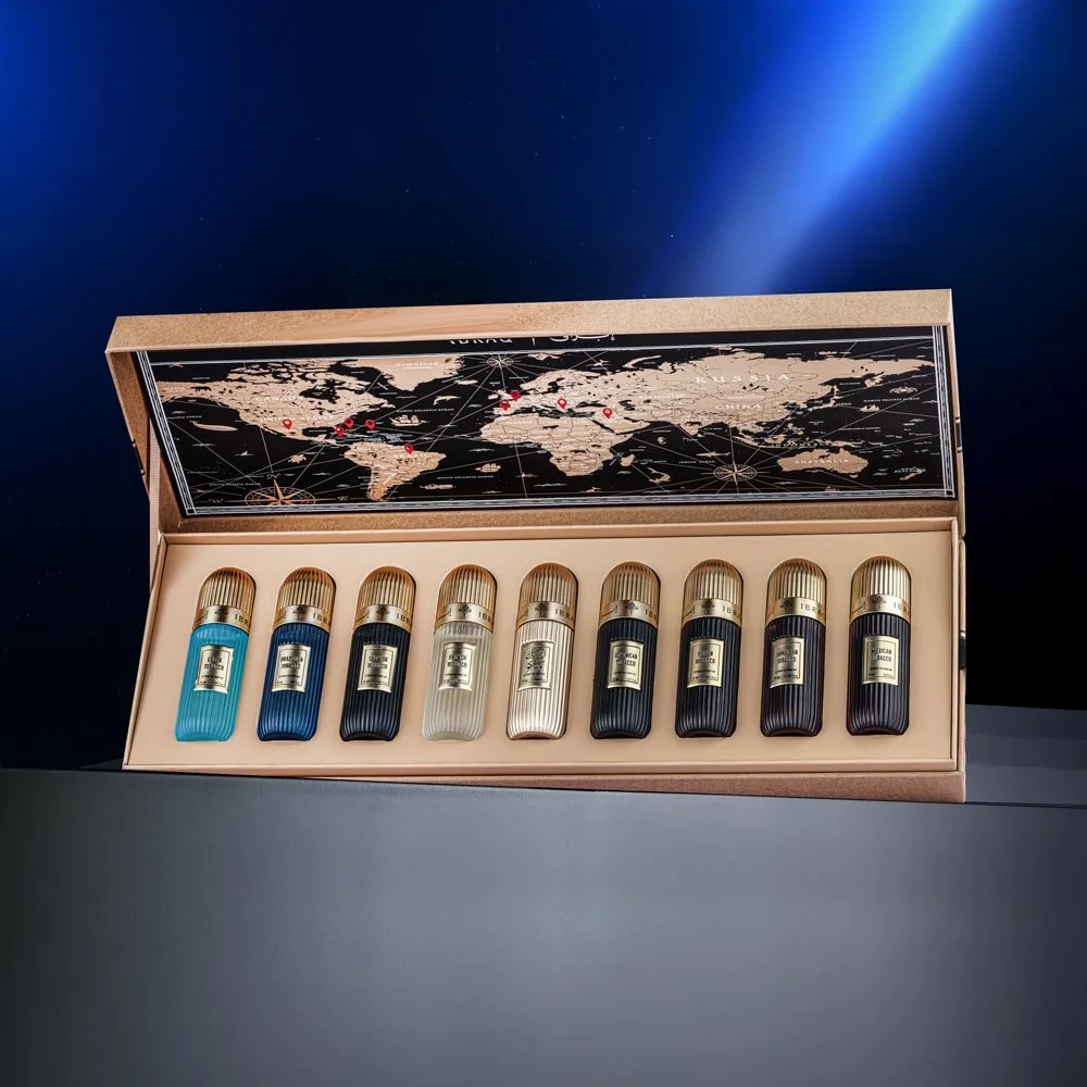 Hero shot of the Tobacco Collection box by Ibraheem Al Qurashi with all nine fragrances open, showcasing luxury and detail – Al Rashid Galleria UK