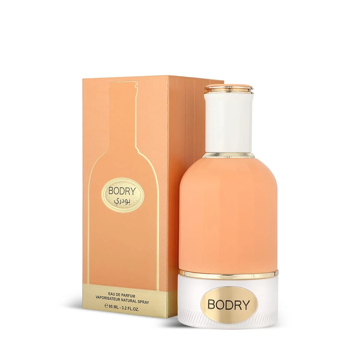 Al Majed Oud Powdery Peach perfume 95ml next to box, luxury fragrance UK