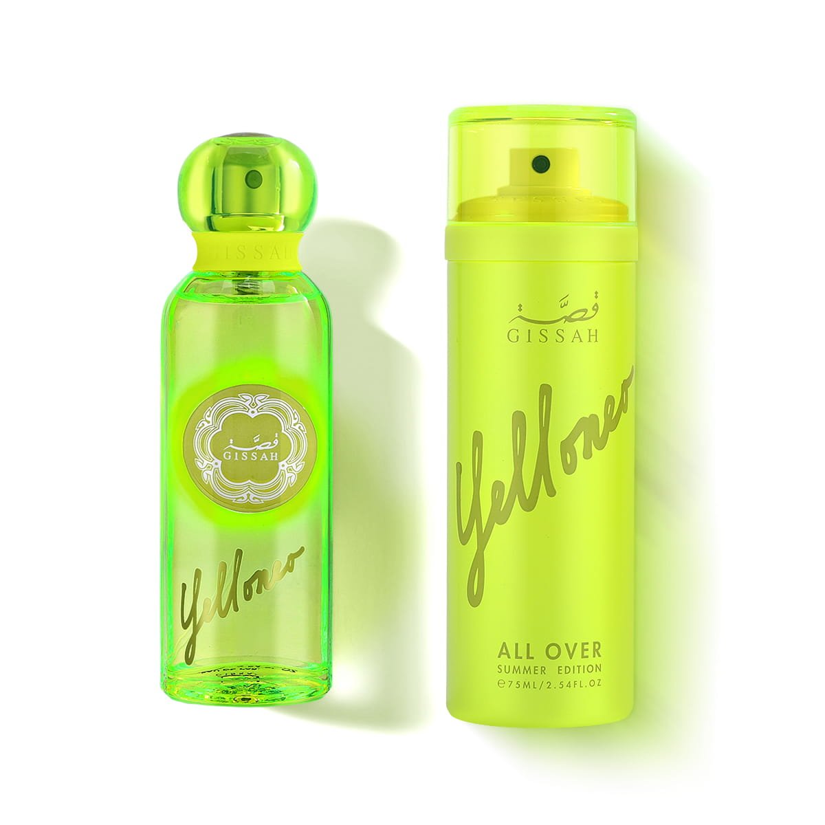 Gissah Yelloneo Summer Edition Eau De Parfum and All Over Spray on white background UK