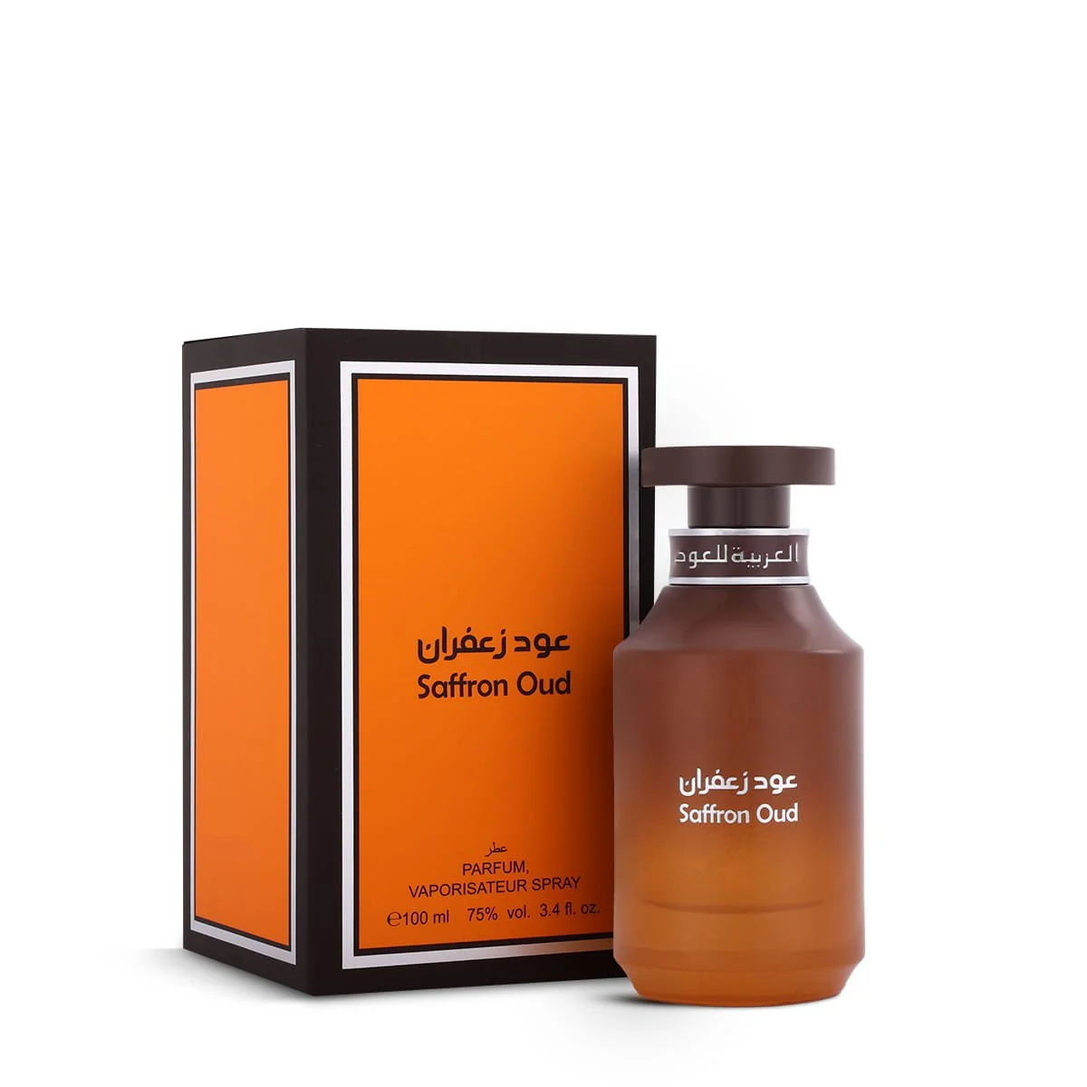 Arabian Oud Saffron Oud 100ml perfume displayed next to luxury box, rich oud fragrance UK