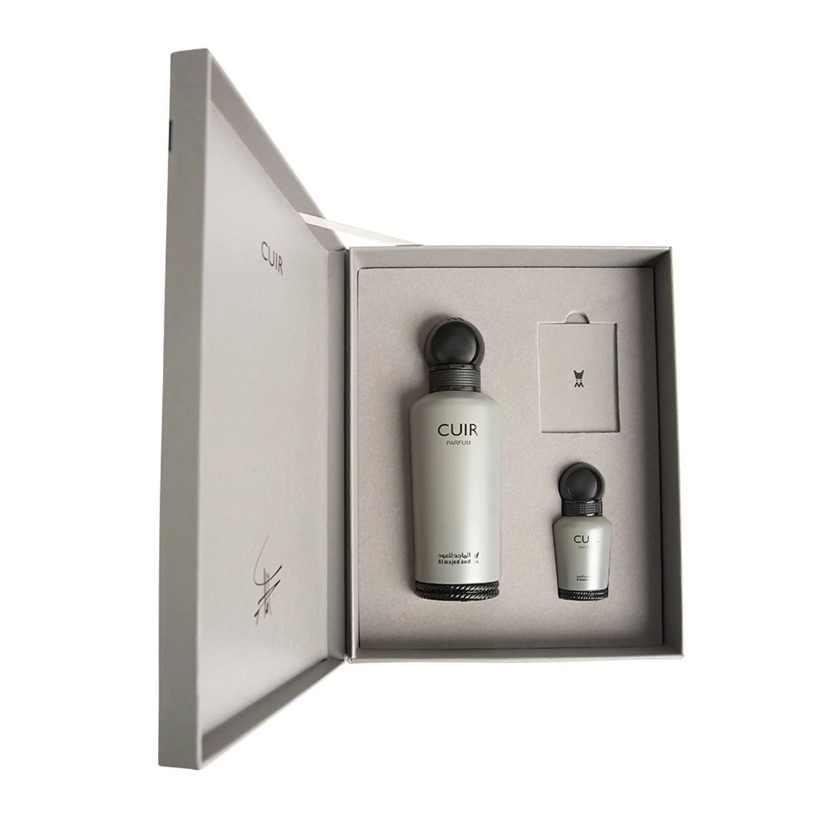 Al Majed Oud Cuir gift box set with 150ml perfume and 15ml oil inside open box, luxury fragrance set UK