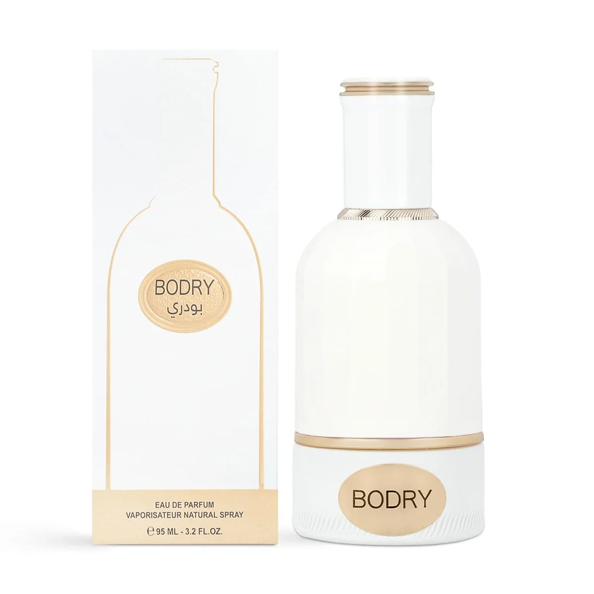 Al Majed Oud Bodry White perfume 95ml next to box, luxury fragrance UK