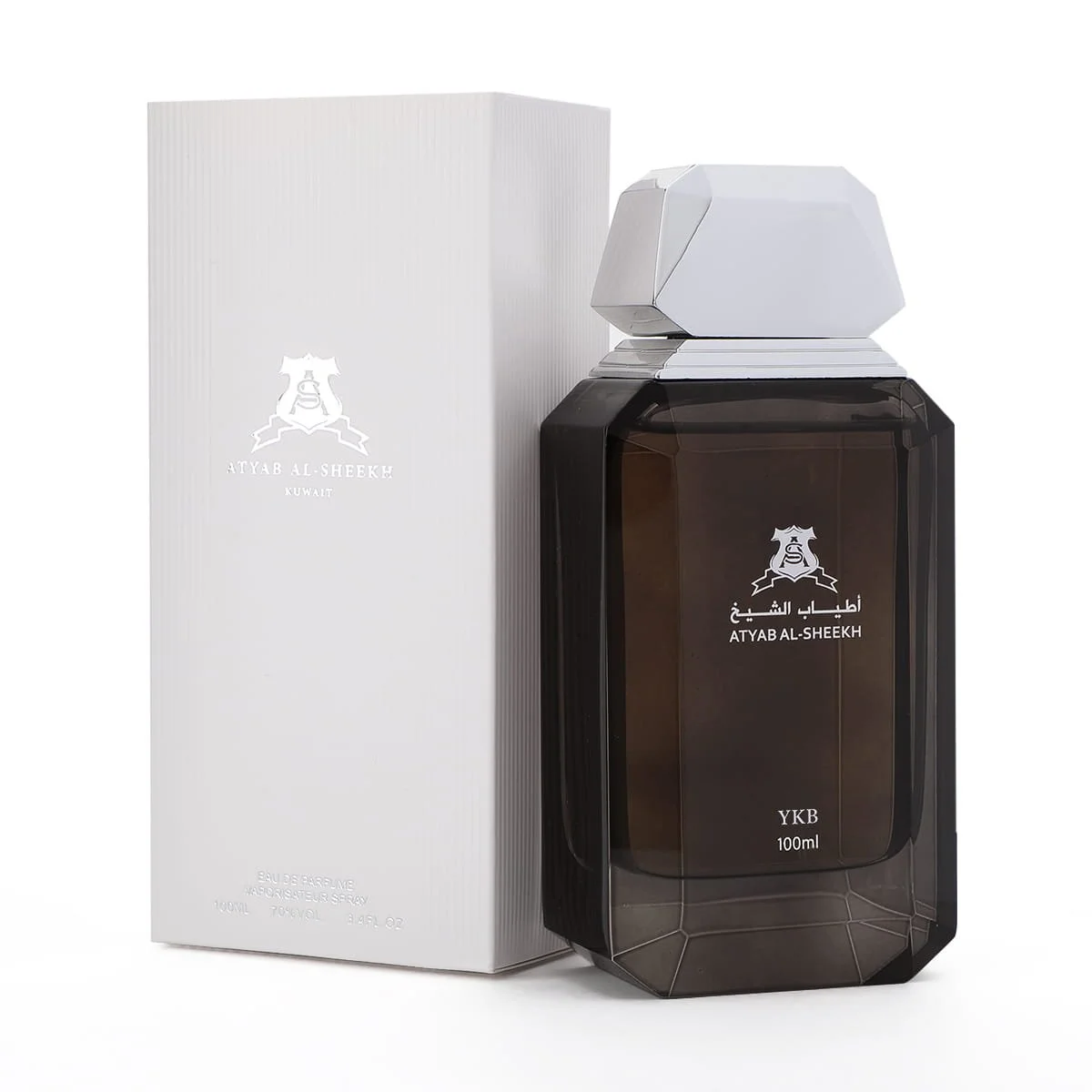 YKB Black perfume by Atyab Al Sheekh next to luxury box, premium smoky oriental fragrance UK