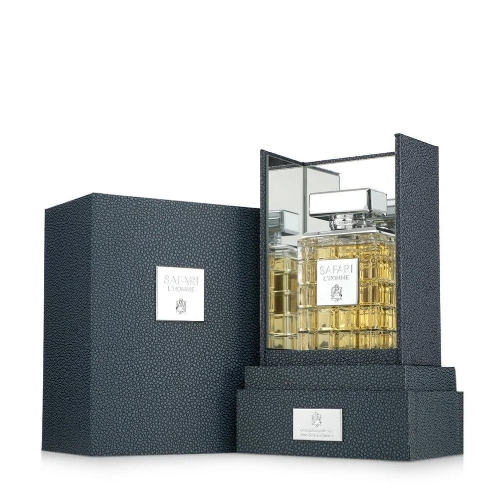 Safari Home perfume bottle displayed next to box by Abdul Samad Al Qurashi, refined woody fragrance available at Al Rashid Galleria UK