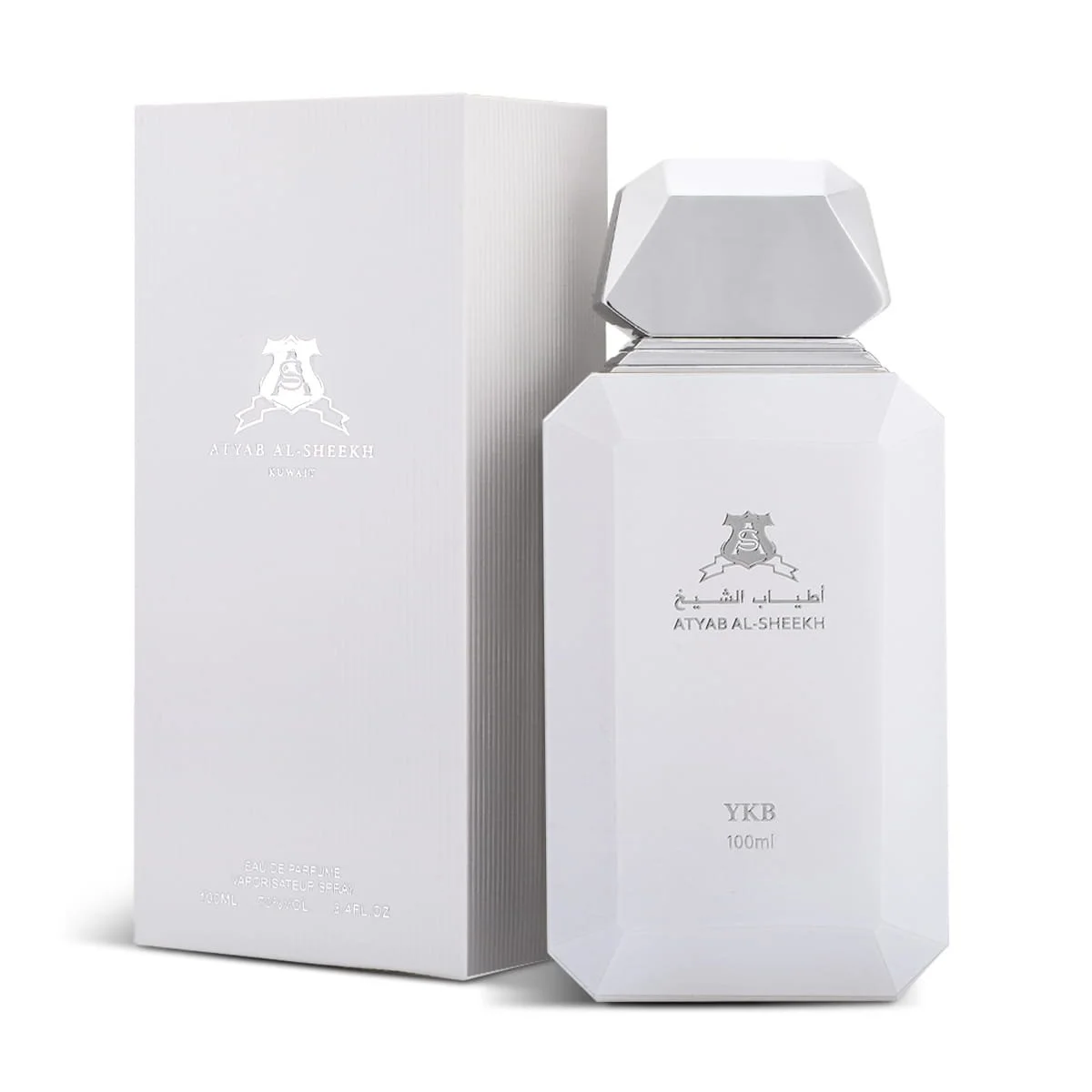YKB White perfume by Atyab Al Sheekh next to luxury box, premium leather amber fragrance UK