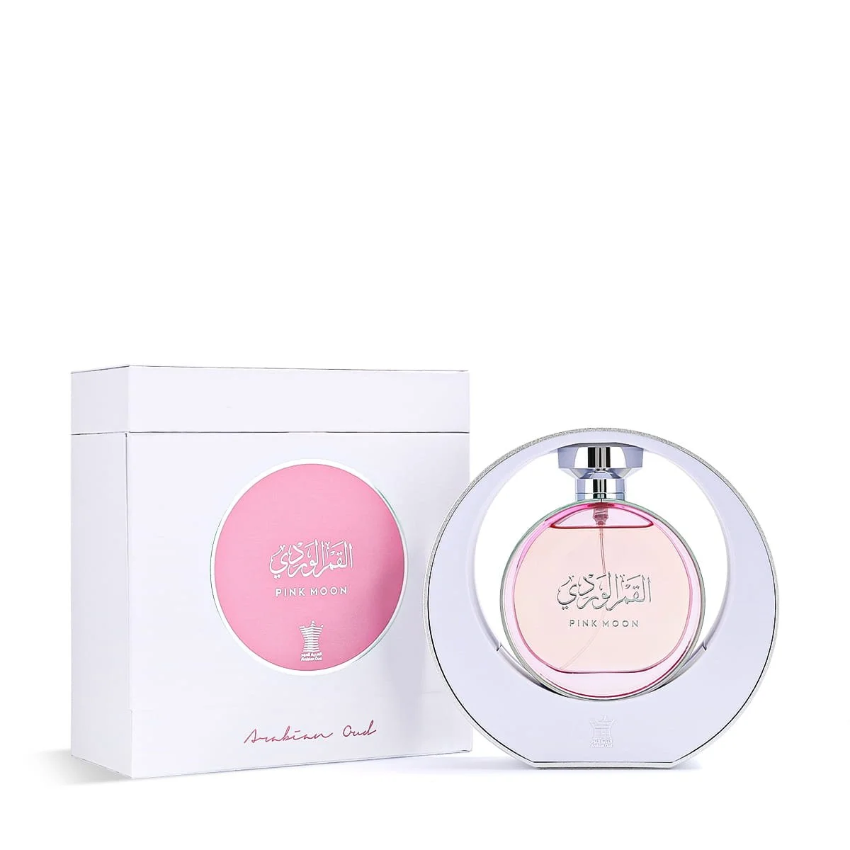 Arabian Oud Pink Moon 100ml perfume displayed next to box, sweet fruity floral fragrance UK