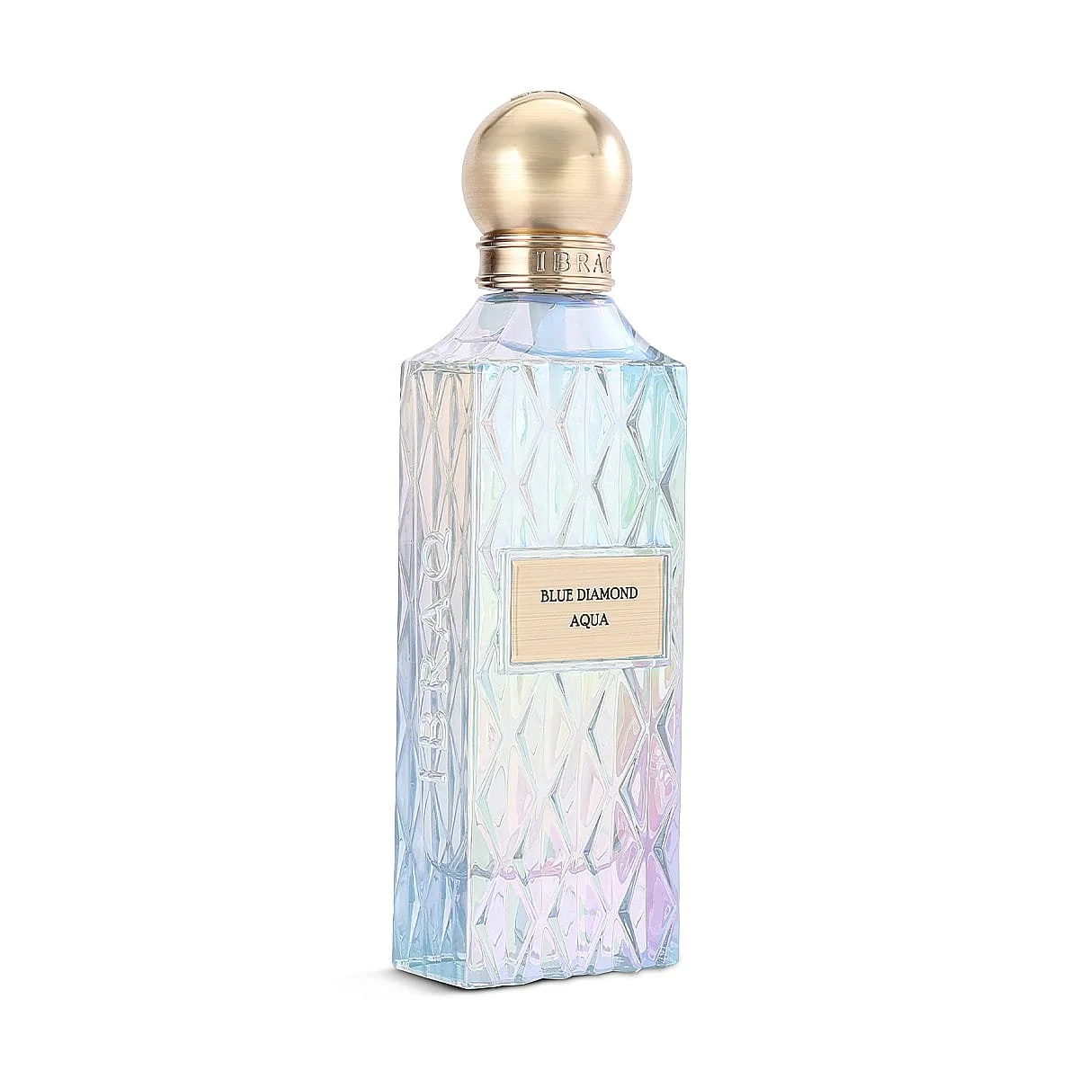 Side angle view of IBRAQ Blue Diamond Aqua perfume 150ml, luxury fragrance UK
