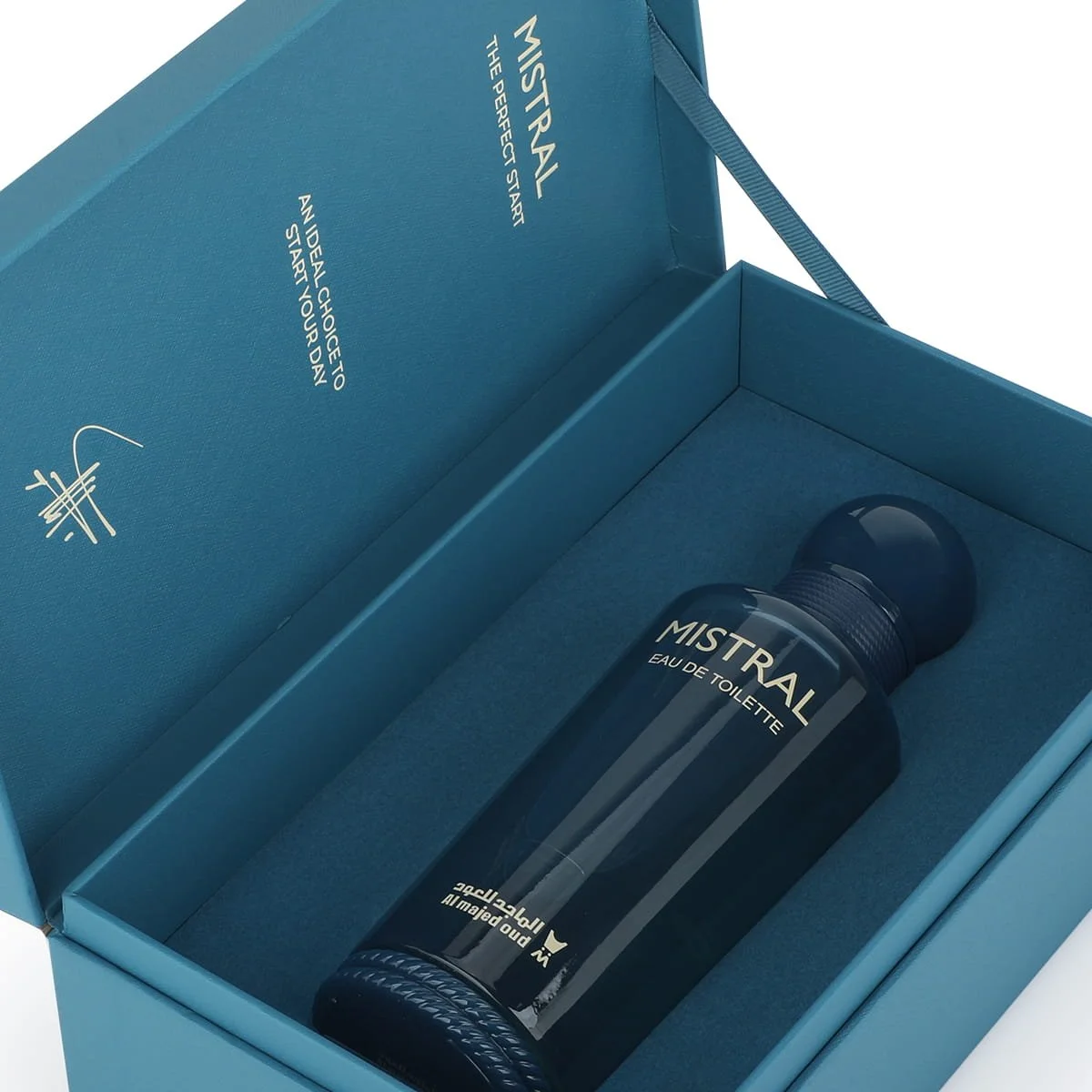 Al Majed Oud Mistral eau de toilette inside box, luxury fragrance packaging UK