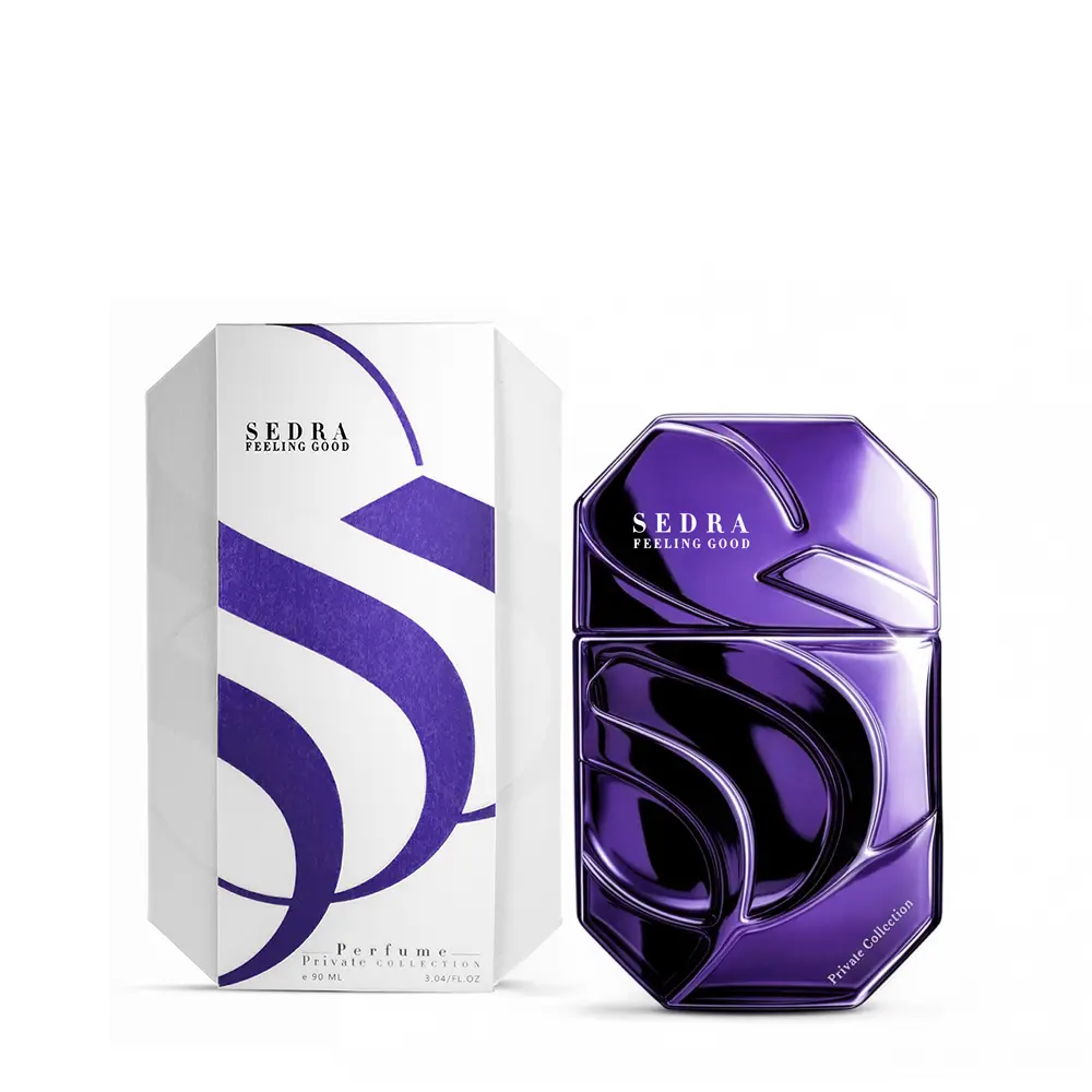 SEDRA Feeling Good perfume 90ml next to luxury box, premium tropical fragrance UK