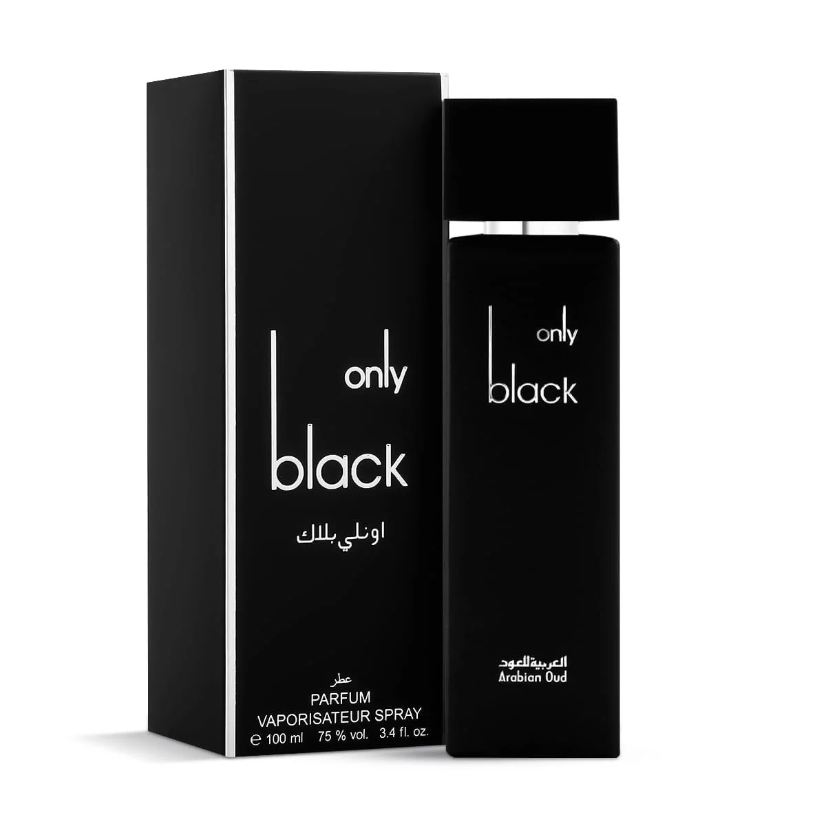 Arabian Oud Only Black Eau De Parfum 100ml beside luxury branded box UK