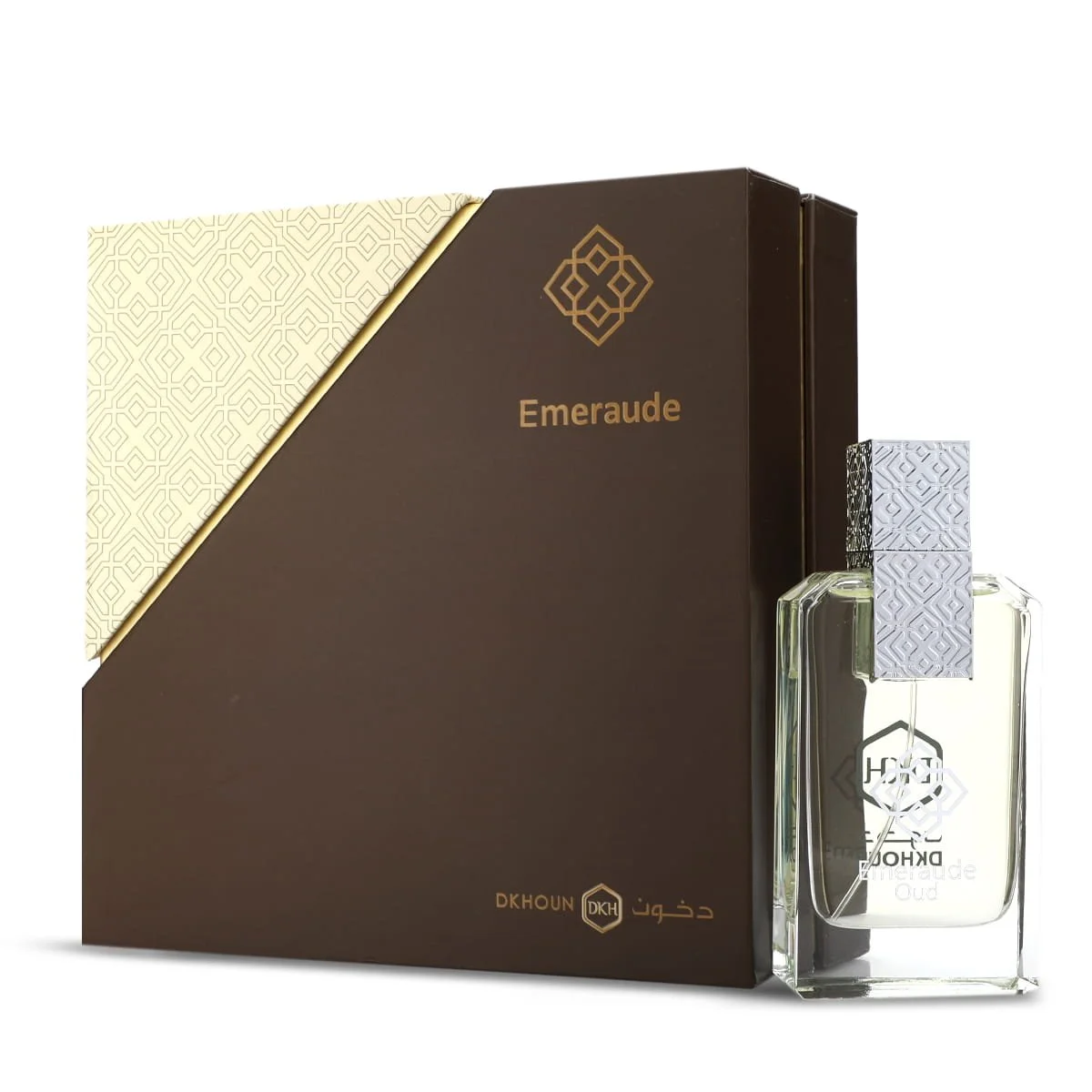 Dkhoun Emeraude Oud perfume displayed in front of luxury box UK