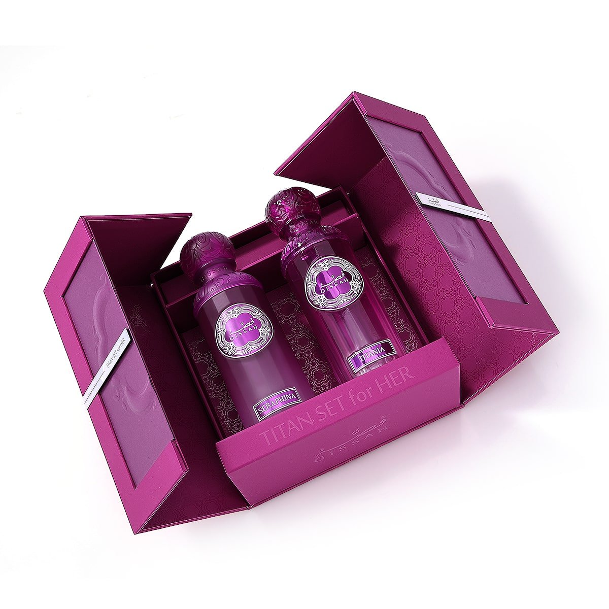 Titan Her perfume set by Gissah inside open box with covers slightly lifted to reveal Titania and Seraphina bottles.