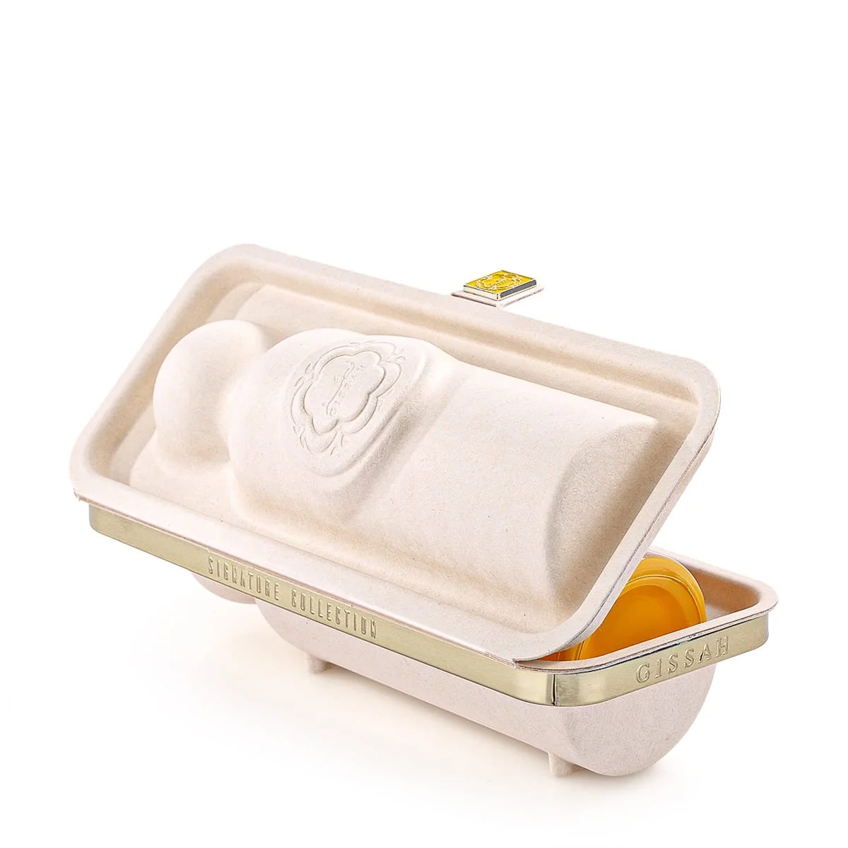 Gissah Hudson Valley case slightly open showing interior details, luxury perfume packaging UK